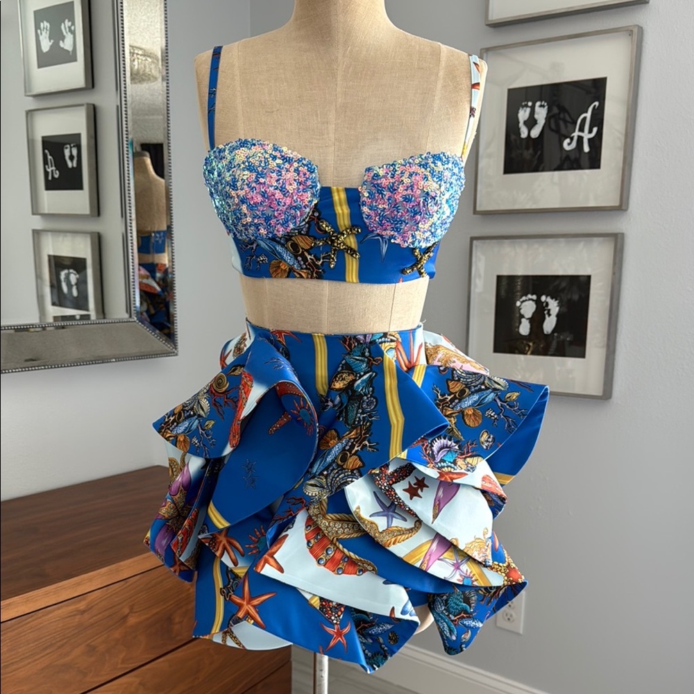$399 from LA Custom Versace Inspired Mermaid Blue Ruffled Skirt & Sequin Top